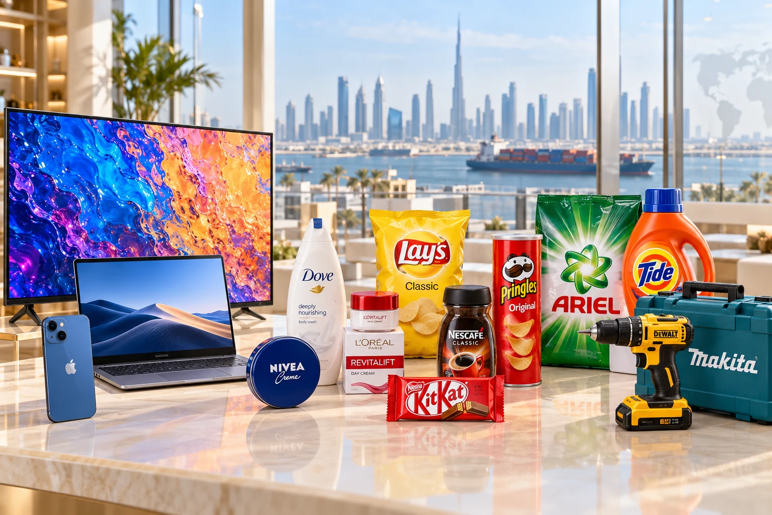 Illustrative branded display of electronics, beauty products, household goods, food products and tools in a bright Dubai showroom